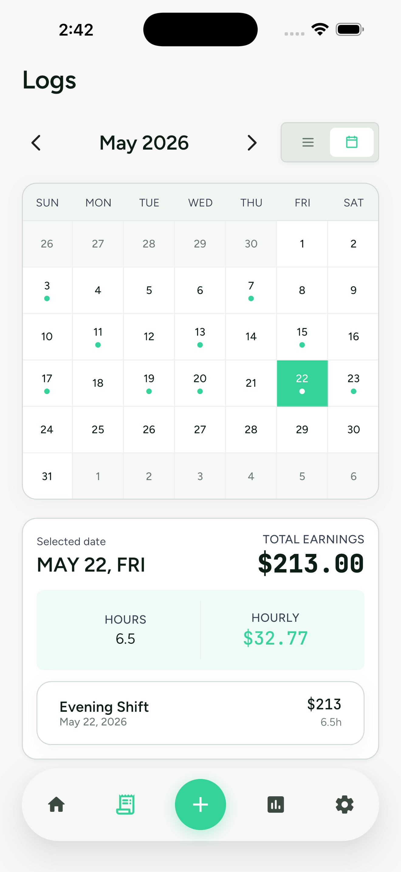 TipFolio shift history calendar view